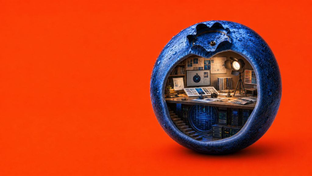 A creative studio and technical engine revealed inside a blueberry